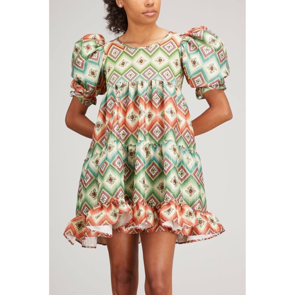 Autumn Adeigbo Mini Dress Babydoll Green Orange Puff Sleeve Size 2 Eclectic Luxe